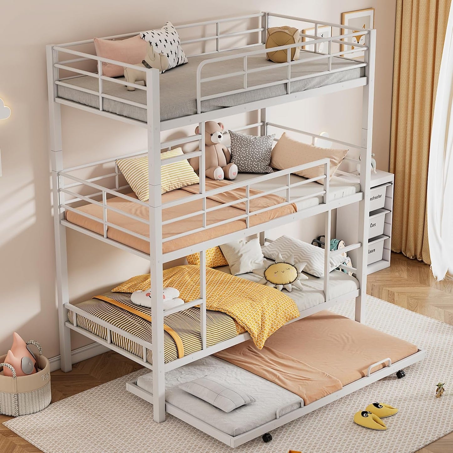 Metal Triple Bunk Bed Twin over Twin over Twin, Triple Bunk Bed with Trundle, 3-Tier Bunk Bed with 2 Ladders and Guardrails, Triple Bunk Beds for Kids(White Twin)-2
