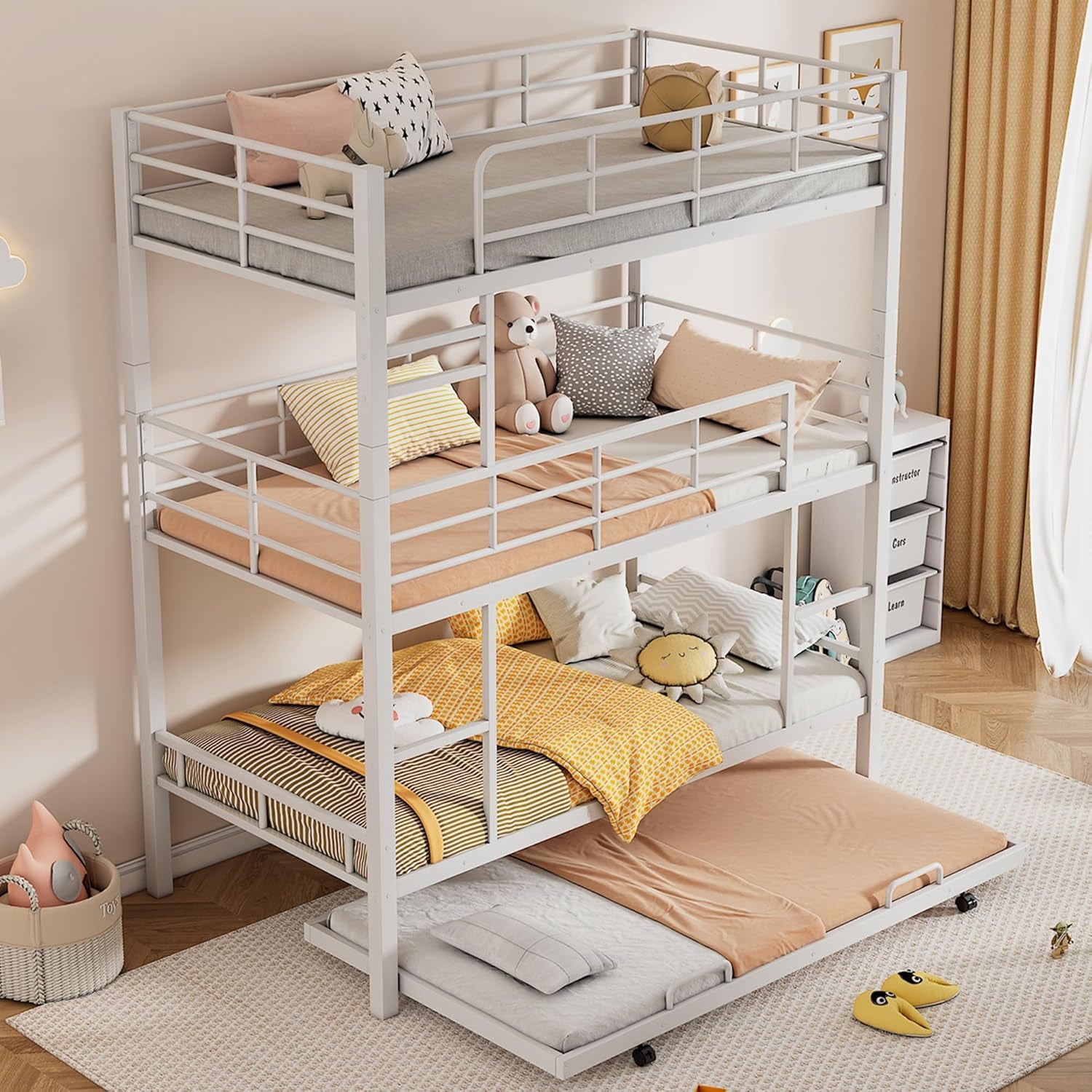 Metal Triple Bunk Bed Twin over Twin over Twin, Triple Bunk Bed with Trundle, 3-Tier Bunk Bed with 2 Ladders and Guardrails, Triple Bunk Beds for Kids(White Twin)-2