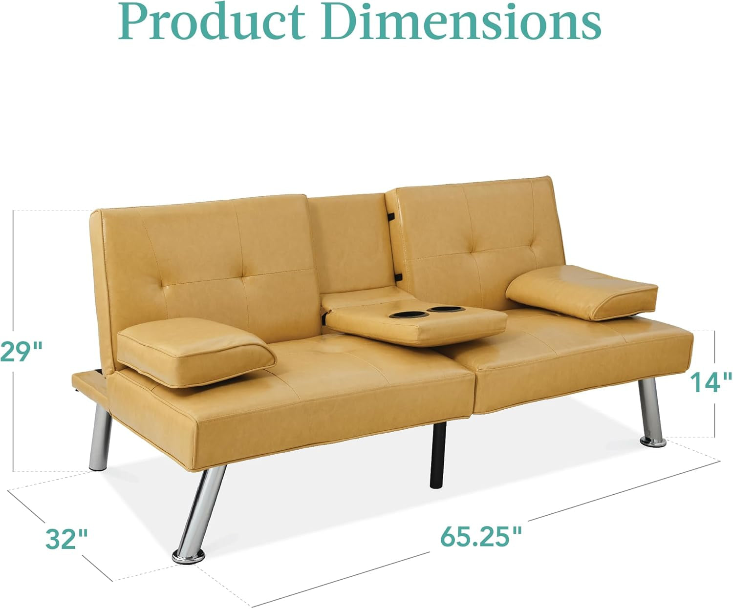 Faux Leather Upholstered Modern Convertible Futon, Adjustable Folding Sofa Bed, Guest Bed W/Removable Armrests - Camel Yellow-1