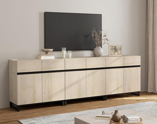 Modern TV Stand for Tvs up to 110 Inch, 3 in 1 Wood Entertainment Center TV Console Table with Adjustable Shelves and Metal Base for Living Room,Bedroom,Light Oak-0