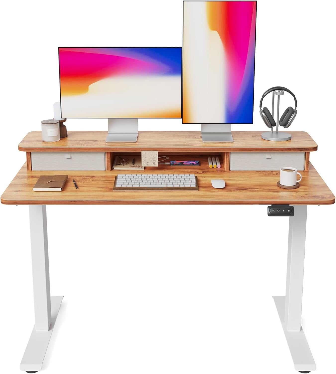 48 X 24 Inch Height Adjustable Electric Standing Desk with Double Drawer, Stand up Desk with Storage Shelf, Sit Stand Desk, Light Wood-0