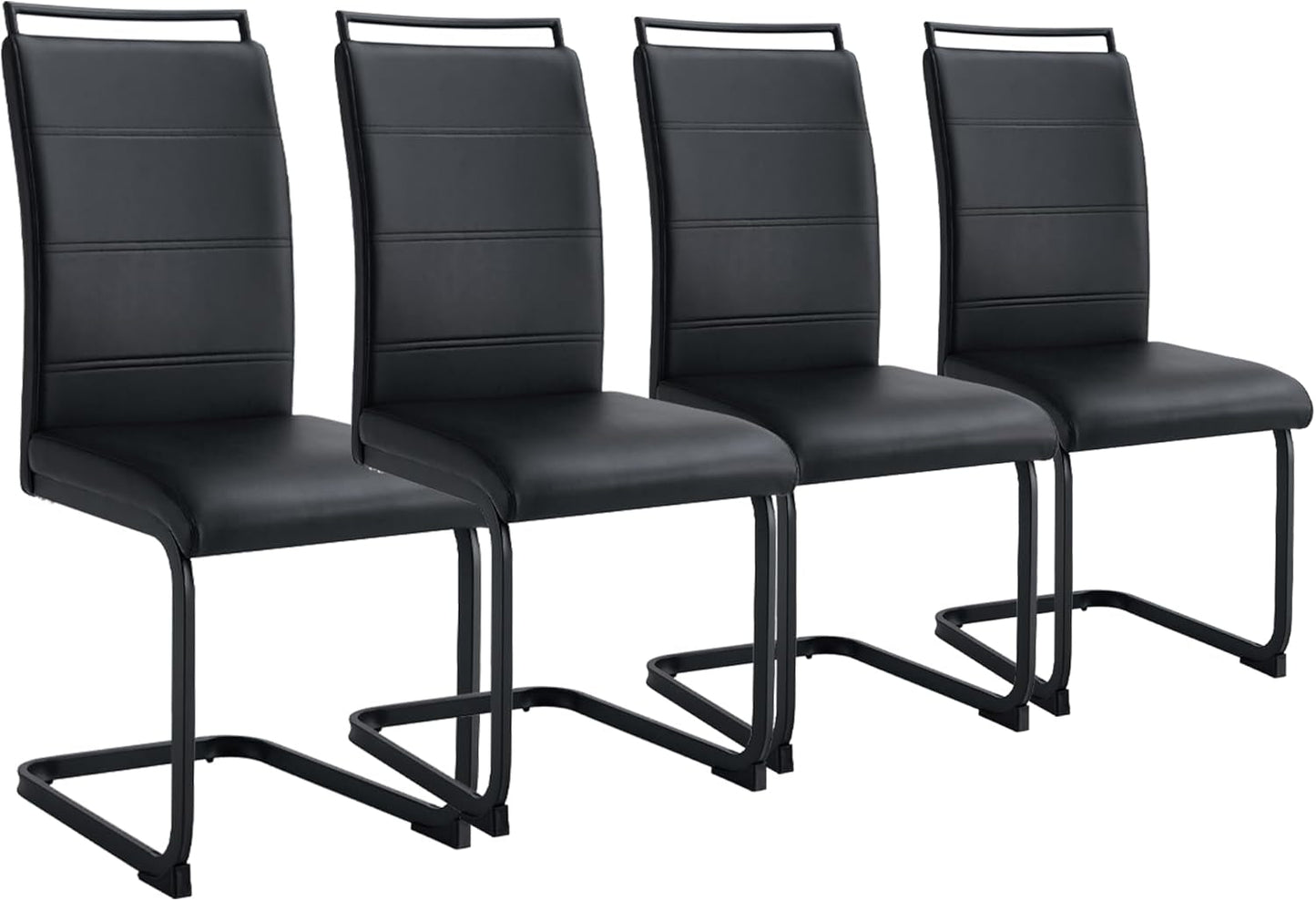 Modern Dining Chairs Set of 4, PU Faux Leather High Back Upholstered Dining Room Side Chair with Horizontal Stripe Backrest Design for Kitchen Living Room Dinner Chairs, Black with Black Legs-0