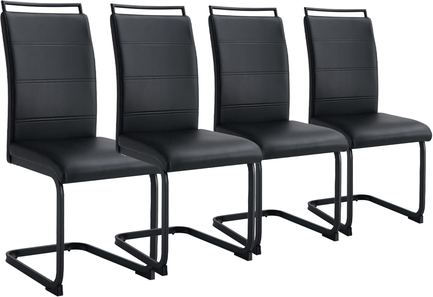 Modern Dining Chairs Set of 4, PU Faux Leather High Back Upholstered Dining Room Side Chair with Horizontal Stripe Backrest Design for Kitchen Living Room Dinner Chairs, Black with Black Legs-0