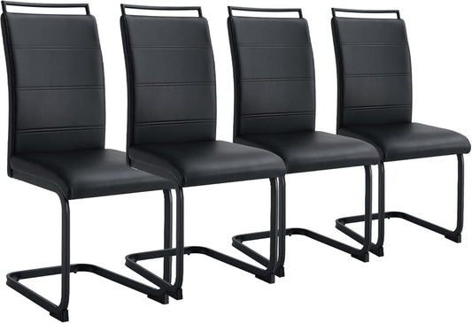 Modern Dining Chairs Set of 4, PU Faux Leather High Back Upholstered Dining Room Side Chair with Horizontal Stripe Backrest Design for Kitchen Living Room Dinner Chairs, Black with Black Legs-0