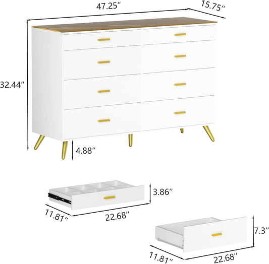 White Dresser with LED Lights for Bedroom,8 Drawer Dressers with Tempered Glass Top,Chests of Drawers with 2 Grid Drawer,Storage Organizer Dresser for Hallway,Living Room-1