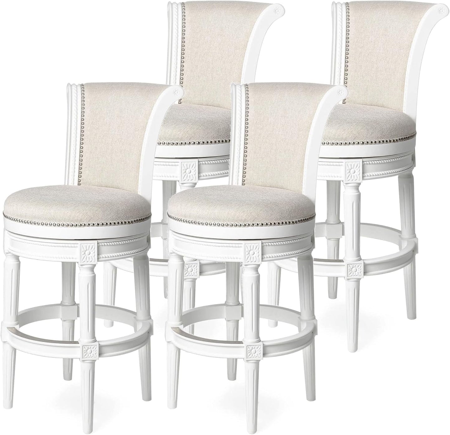Pullman 31 Inch Tall Bar Height Upholstered Barstool with Back in Alabaster White Finish with Cream Fabric Cushion Seat, Set of 4-0