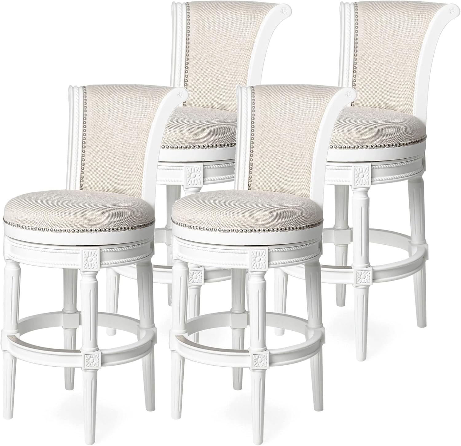 Pullman 31 Inch Tall Bar Height Upholstered Barstool with Back in Alabaster White Finish with Cream Fabric Cushion Seat, Set of 4-0
