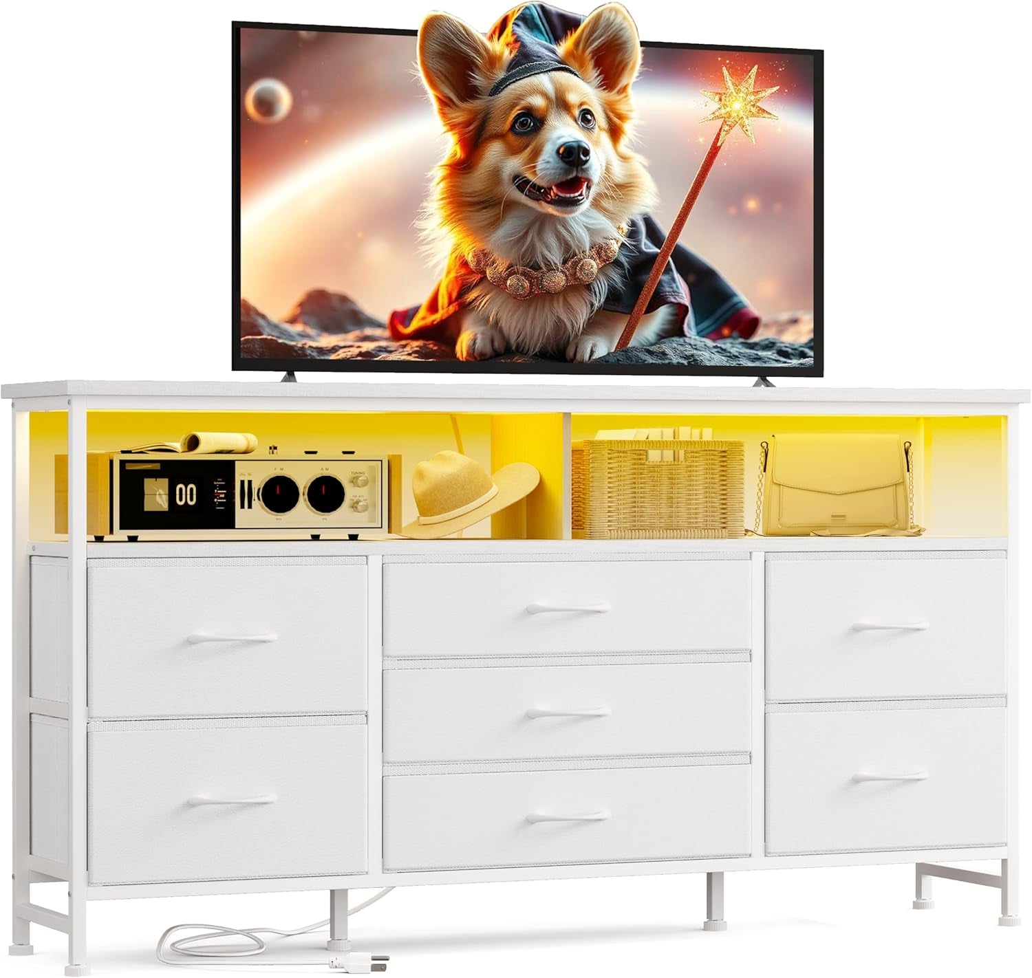 55 Inch Dresser TV Stand with Power Outlets and LED Lights, White Long Dresser for Bedroom with 7 Fabric Drawers, Large Dresser TV Stand for up to 65 Inch TV, Chest of Drawers for Bedroom White-0