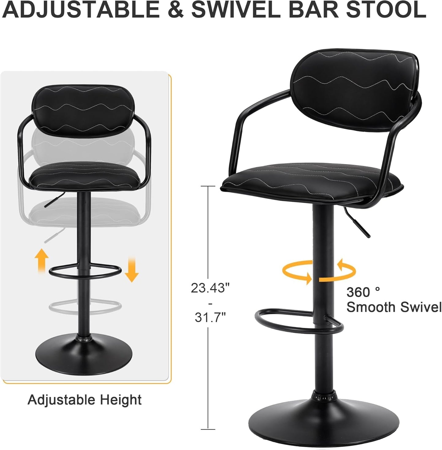 Bar Stools Set of 2, Adjustable Counter Height Barstools with Back and Arm, Swivel Bar Chairs/Pu Leather Kitchen Island Stools for Pub/Dining Room/Living Room, Black-2