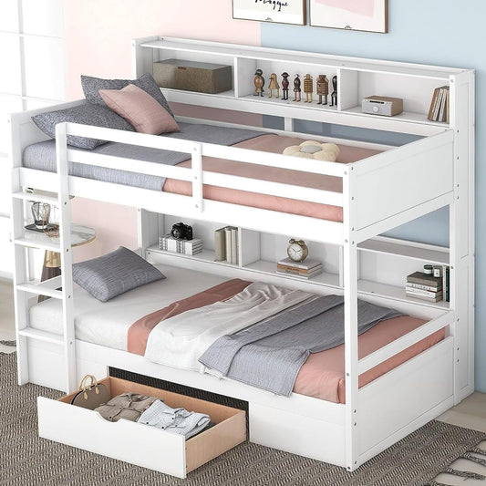 Twin over Twin Bunk Bed with Storage Drawer, Solid Wood Bunk Bed with Built-In Shelves beside Both Upper and down Bed, for Kids Teens Adults (White)-0
