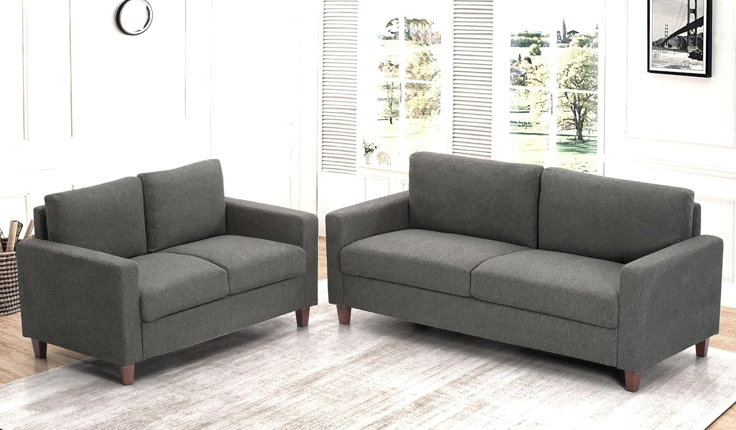 Miles 2 Piece Couch and Loveseat Sets with Reversible Back Pillows, Mid Century Modern Sofa for Small Spaces, Living Rooms, And, Apartments, Grey-1