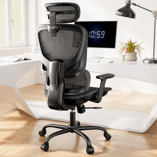 Ergonomic Mesh Office Chair, High Back Desk Chair with 5-Level Lumbar Support, Adjustable Headrest, Armrests, Rocking Tilt, Computer Mesh Chair for Home Office Gaming-1