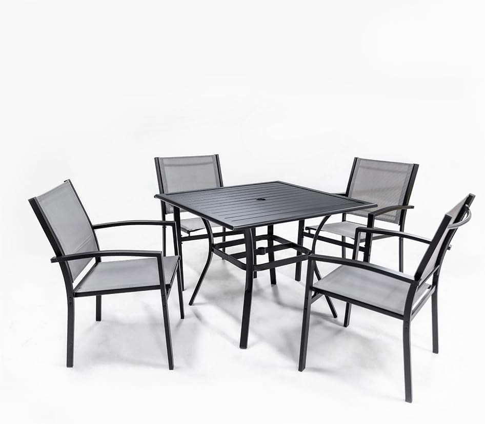 5 Piece Patio Dining Set,Outdoor Furniture 4 Textilene Chairs & 1 Square 38"X 38" Metal Slatted Table with 1.5" Umbrella Hole,Outside Porch Deck Balcony Backyard Set for 4-1
