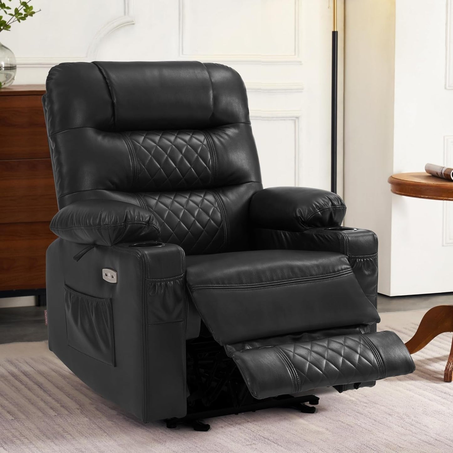 Power Recliner Chair, Electric Reclining with Heat and Vibration for Adult, Cup Holder, USB Port, Extended Footrest, Faux Leather, Living Room, PR621 (Black)-1