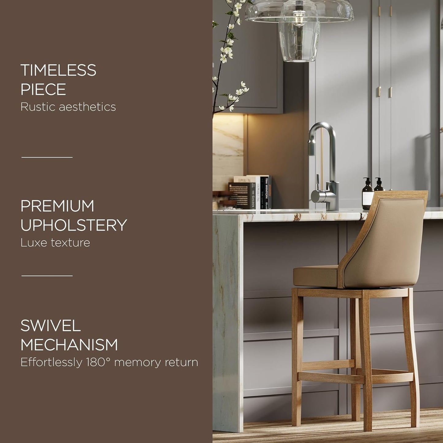 Vienna 31 Inch Tall Bar Height Rotating High Back Barstool in Weathered Oak Finish with Avanti Bone Vegan Leather Seat-2