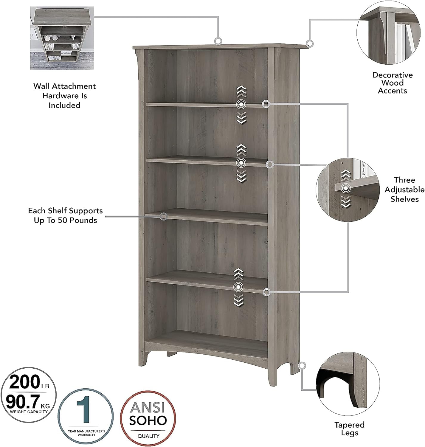 Salinas 5-Shelf 63-Inch H Bookcase, Driftwood Gray-3
