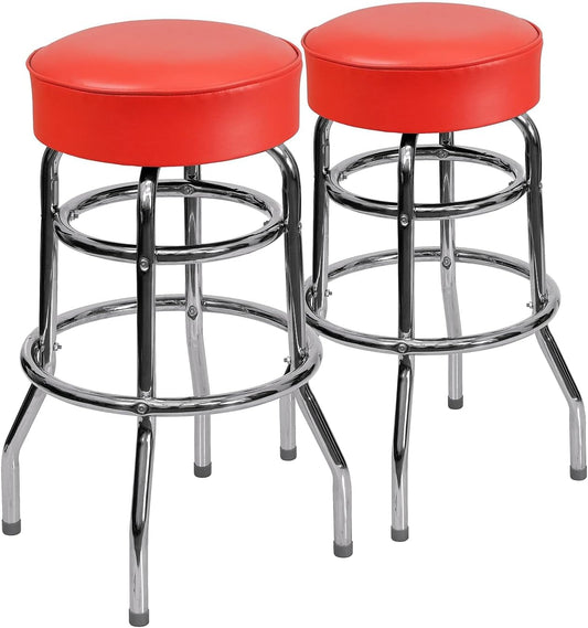 Bruno 2 Pack Double Ring Chrome Barstool with Red Seat-0