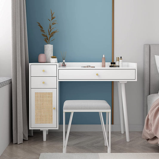White Vanity Desk with Drawers and Storage-0