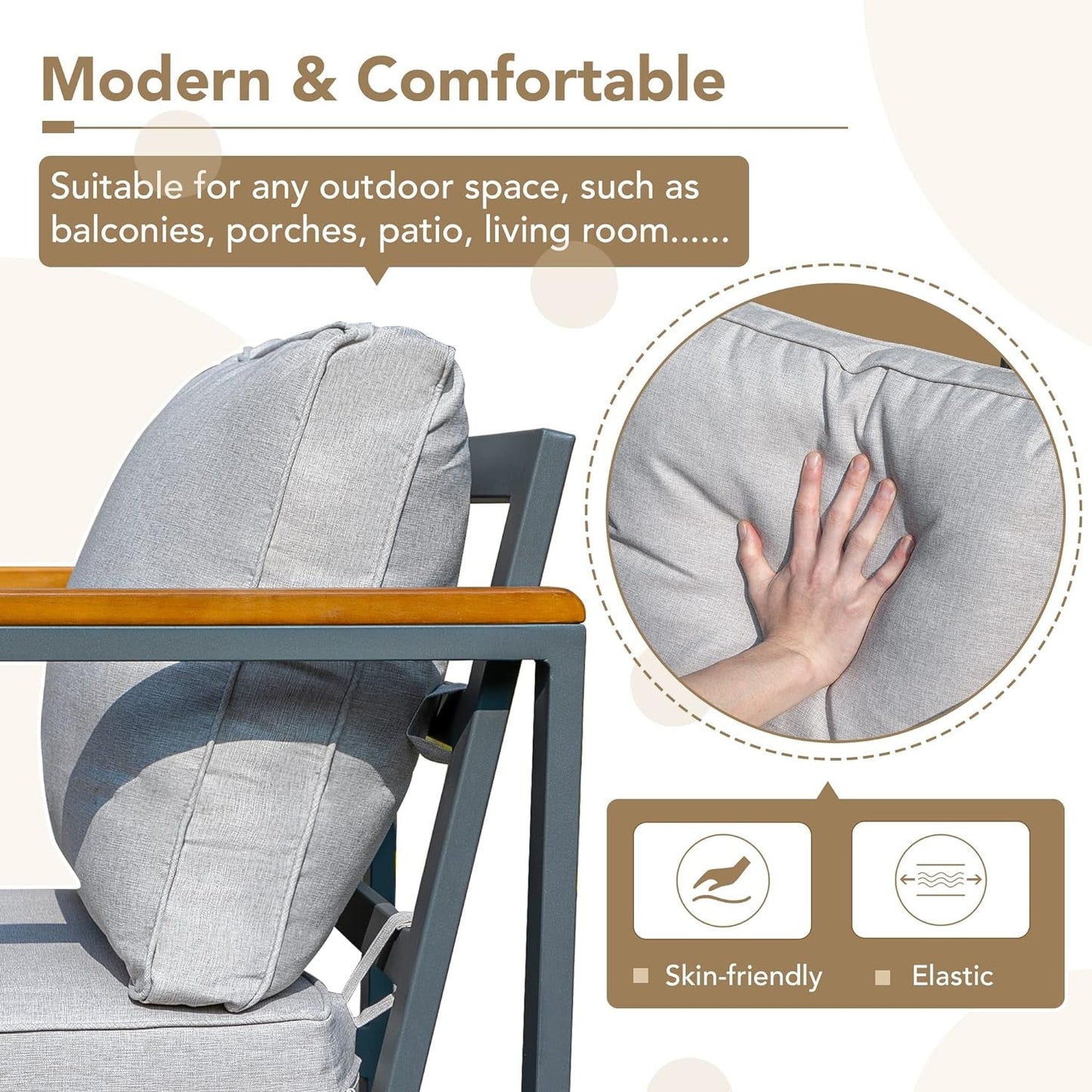 4 Pieces Patio Furniture Sets Outdoor Conversation Set Acacia Wood Sofa Set with Coffee Table Thicker Sponge Cushion-3