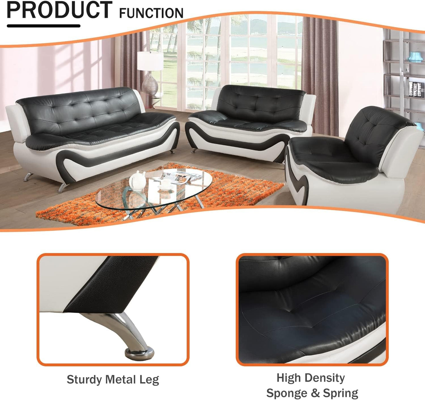 Living Room Furniture Set, Faux Leather Sofa Couch Set, 3 Pieces Modern Sofa Set for Living Room/Apartment/Office (Black&White)-2