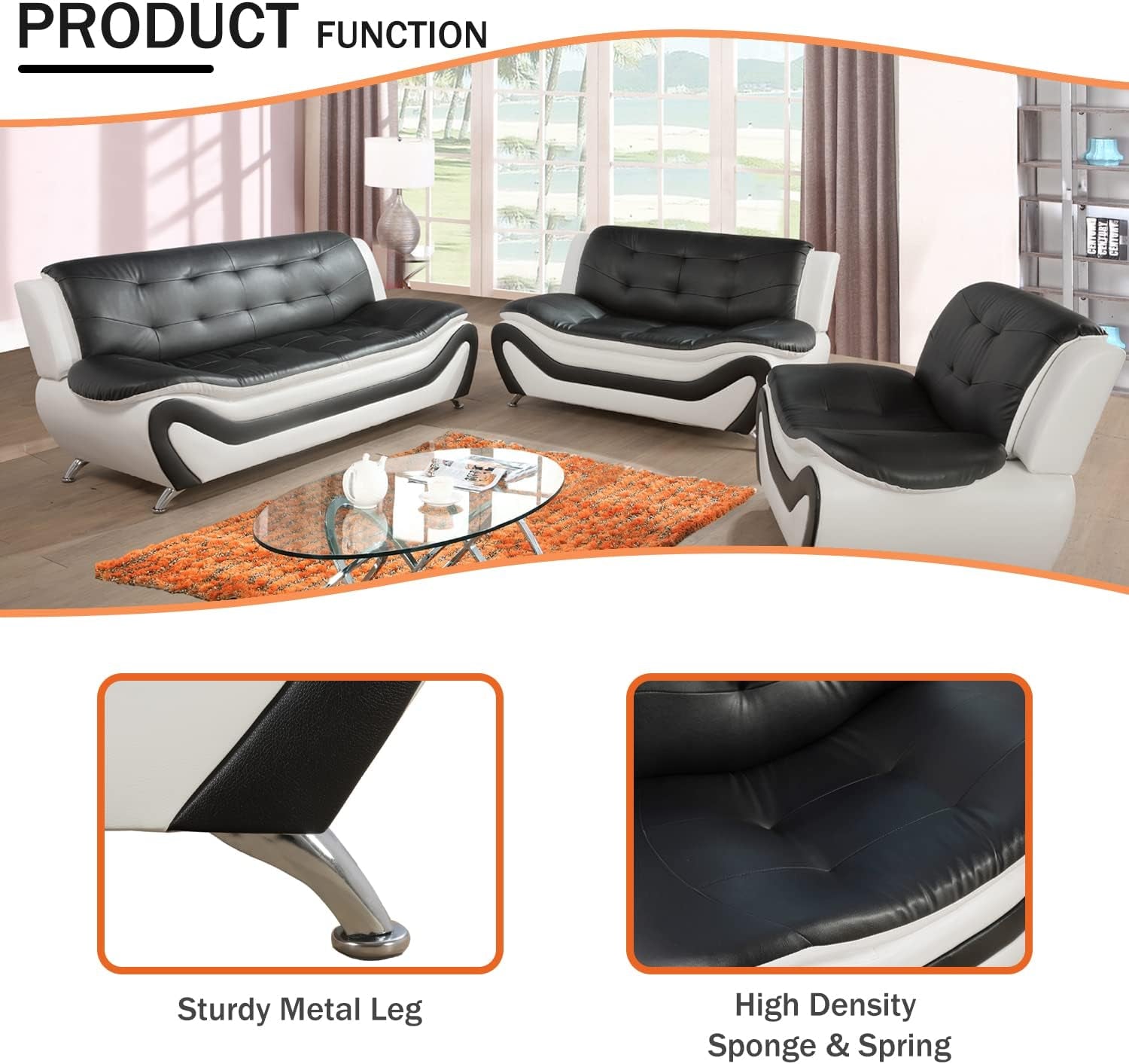 Living Room Furniture Set, Faux Leather Sofa Couch Set, 3 Pieces Modern Sofa Set for Living Room/Apartment/Office (Black&White)-2