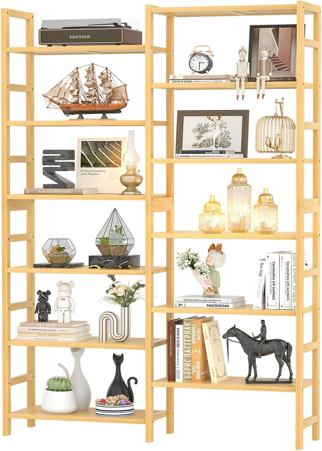 Double Wide Bamboo Bookshelf, 6-Tier Large Open Bookcase with 12 Display Shelves, 6Ft Tall Freestanding Book Shelf for Home Office, Bedroom, Living Room, Plants, Natural-0