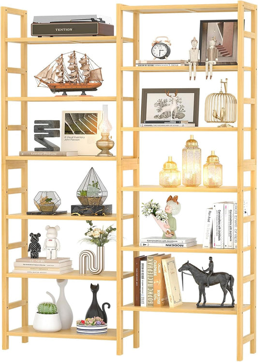 Double Wide Bamboo Bookshelf, 6-Tier Large Open Bookcase with 12 Display Shelves, 6Ft Tall Freestanding Book Shelf for Home Office, Bedroom, Living Room, Plants, Natural-0