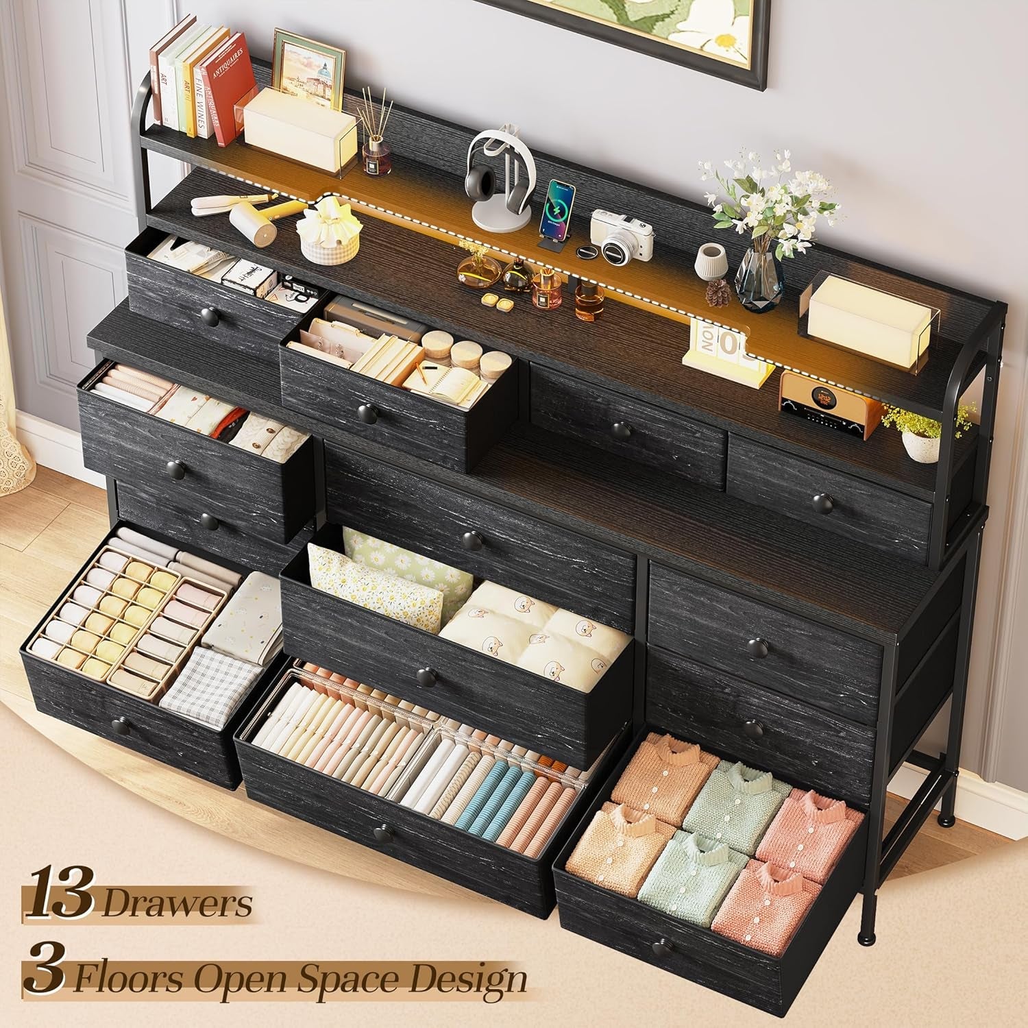 51.2" W Black Dresser with 13 Drawers and LED Lights, Black Dresser for Bedroom with Fabric Drawer, Long Dressers & Chests of Drawers, Dresser for Bedroom with Shelves for Closet-3