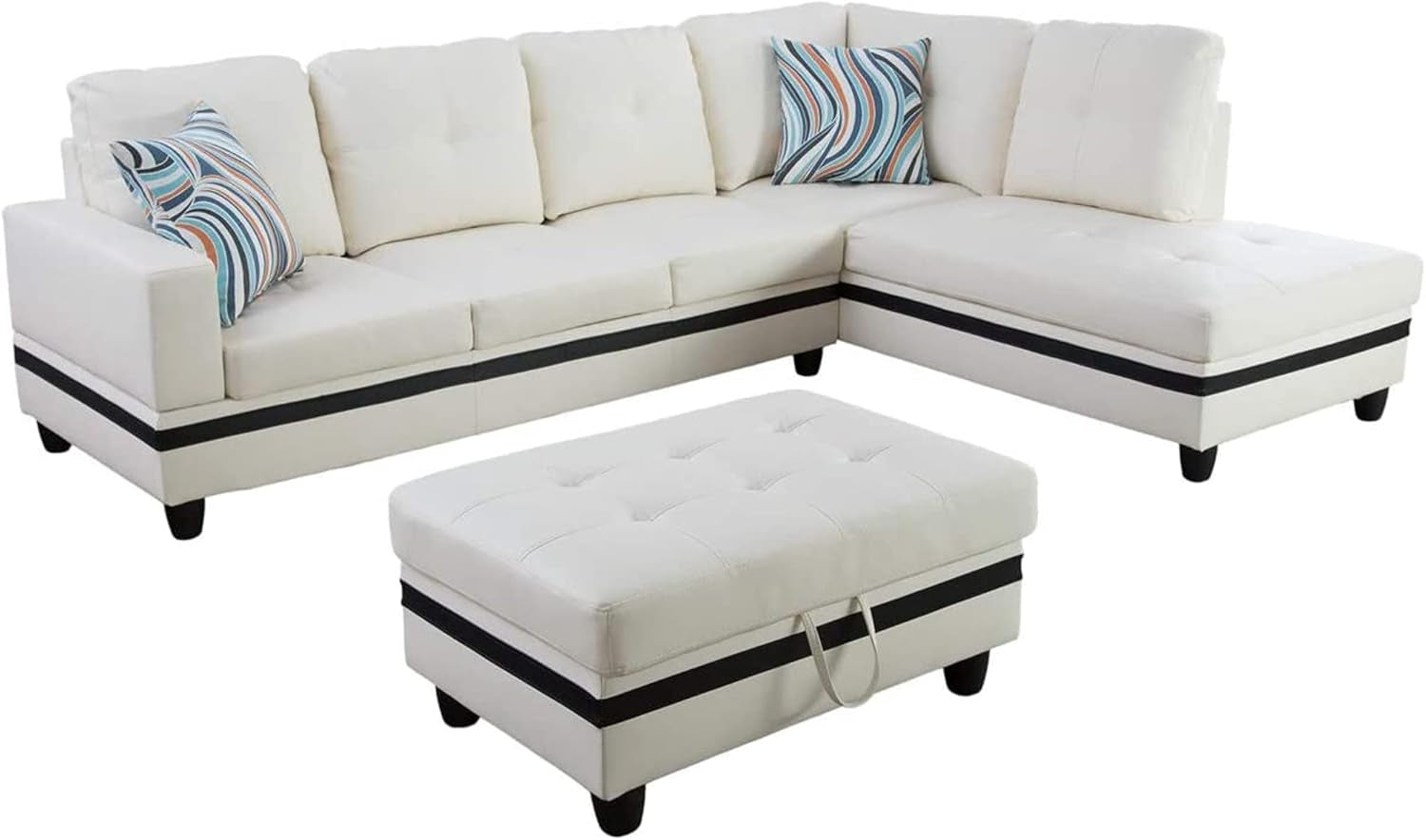 Sectional Sofa Faux Leather Modern L Shaped Couch Set 103.5”Wide Including Chaise and 3 Seating Sofa with Storage Ottoman for Living Room Furniture (Right Hand Facing, A-White)-2