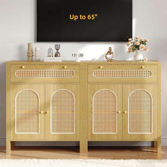 2 Pieces Sideboard Buffet - Kitchen Storage Cabinet with Rattan Doors/Dining Room/Hallway - Cupboard Console Table with Large Drawers - High Accent Cabinet 36" in Height-Natural-0