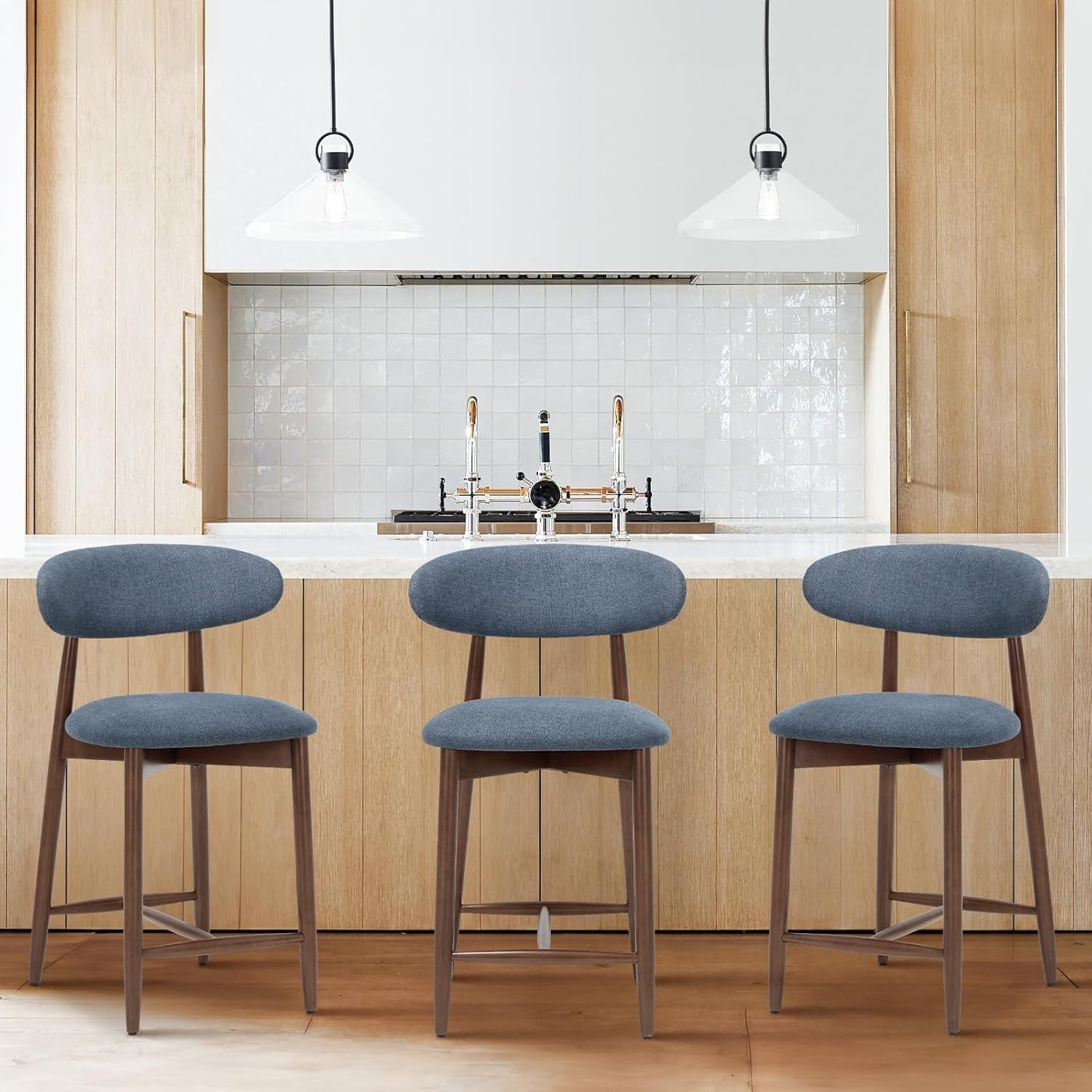 Wood Bar Stools Set of 3, Counter Height Bar Stools, Mid Century Modern Bar Stools with Back, 25 Inch Upholstered Wooden Barstools for Kitchen Island Dining Room Bar, Blue-0
