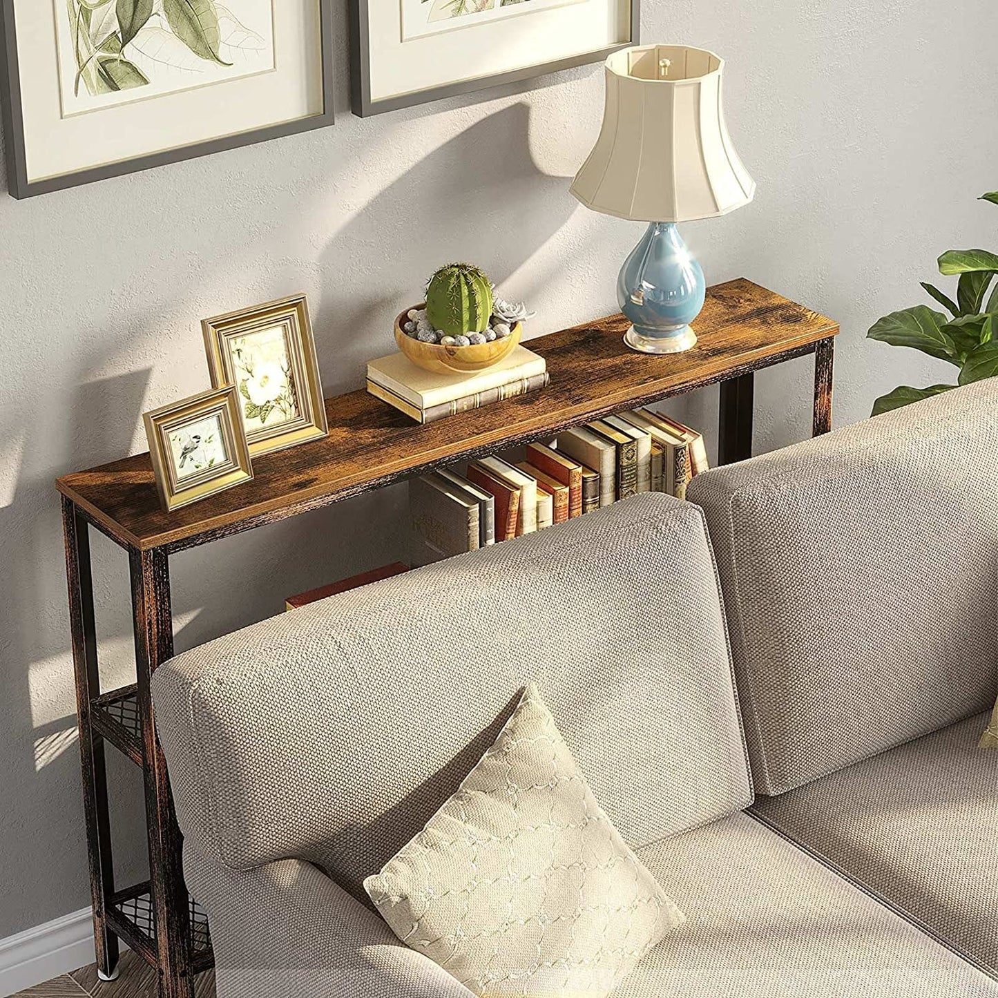 Rustic Console Table with Mesh Shelves-3