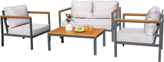 Patio Furniture 4 Pieces, Outdoor Conversation Set with Acacia and Metal Coffee Table, Loveseat and 2 Single Chairs, for Yard, Garden, Porch, Beige-0