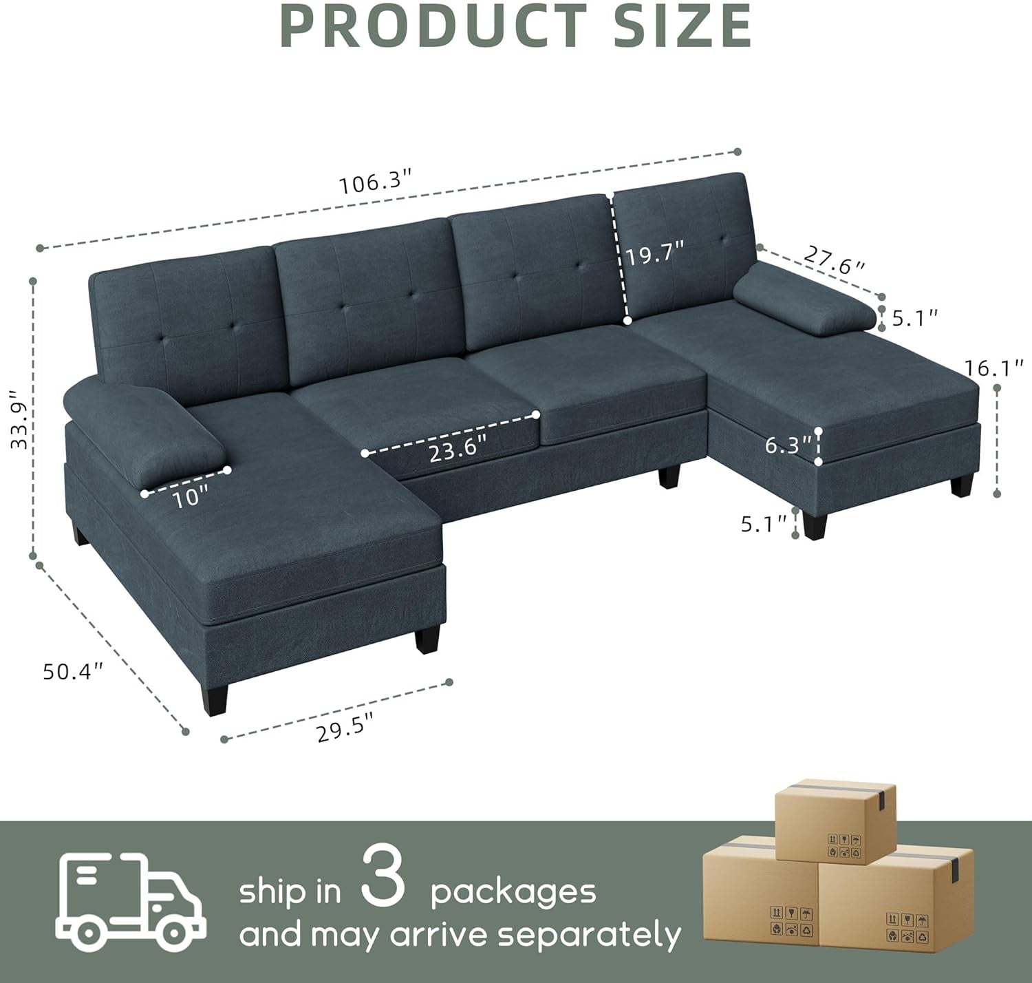 U-Shaped Sectional Sofa with Double Chaise, 4-Seat Linen Fabric Living Room Furniture Set, High-Density Cushions for Ultimate Comfort & Modern Style, Dark Grey-1