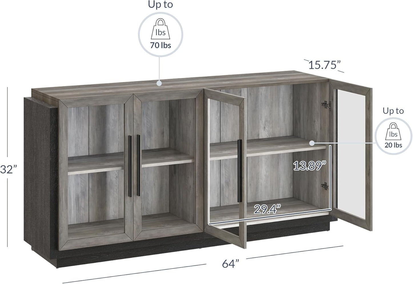 Sideboard Buffet Cabinet, Modern Wood Glass-Buffet-Sideboard with Storage, Console Table for Kitchen, Dining Room, Living Room, Hallway, or Entrance - Brixston (Grey)-2