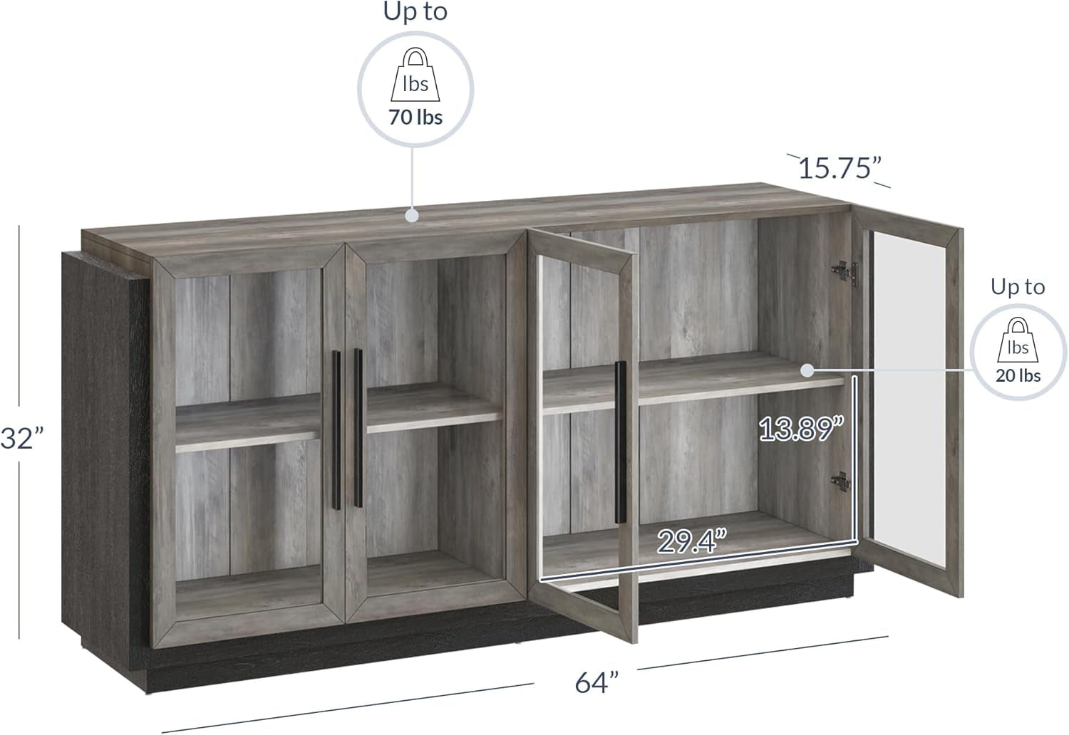 Sideboard Buffet Cabinet, Modern Wood Glass-Buffet-Sideboard with Storage, Console Table for Kitchen, Dining Room, Living Room, Hallway, or Entrance - Brixston (Grey)-2