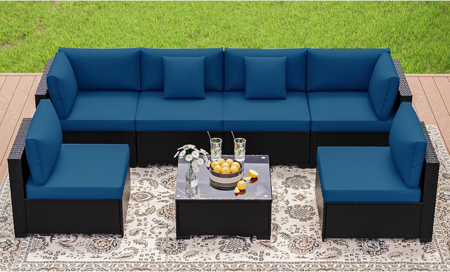 7 Pieces Patio Furniture Sets, Outdoor Furniture Patio Conversation Set, All Weather PE Rattan Sectional Sofa with Cushions and Glass Table (Coffee-Peacock Blue,7 Pieces-S)-0