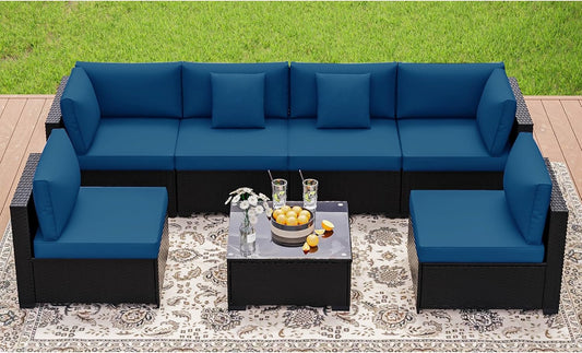 7 Pieces Patio Furniture Sets, Outdoor Furniture Patio Conversation Set, All Weather PE Rattan Sectional Sofa with Cushions and Glass Table (Coffee-Peacock Blue,7 Pieces-S)-0