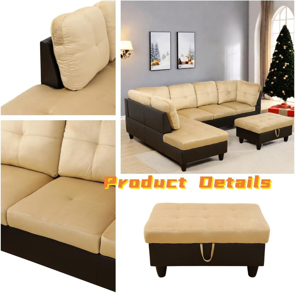 L Shaped Sectional Couch with Otttoman, 103" Sectional Sofa for Living Room Flannel Modular Couches with Cup Holders for Bedroom, Apartments, Beige &Brown-2