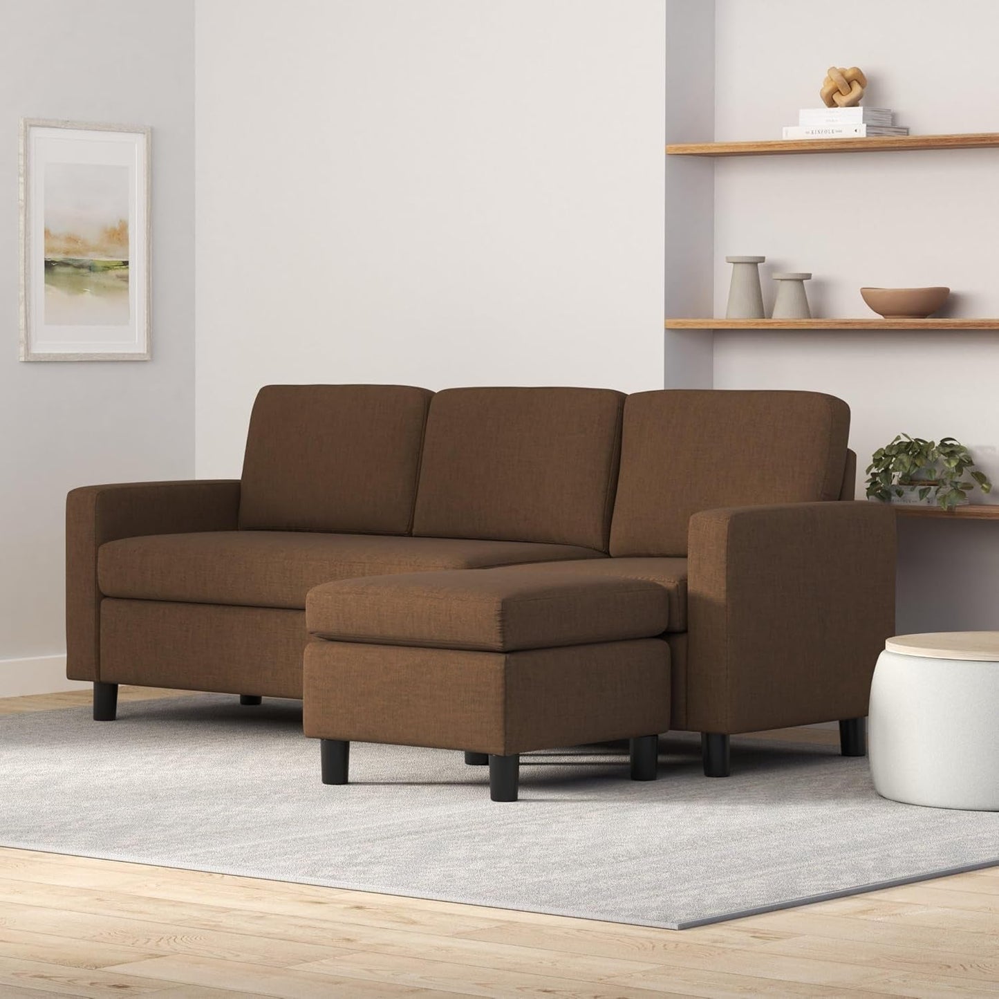 Brown 3-Seat L-Shape Sectional Sofa with Reversible Ottoman-1