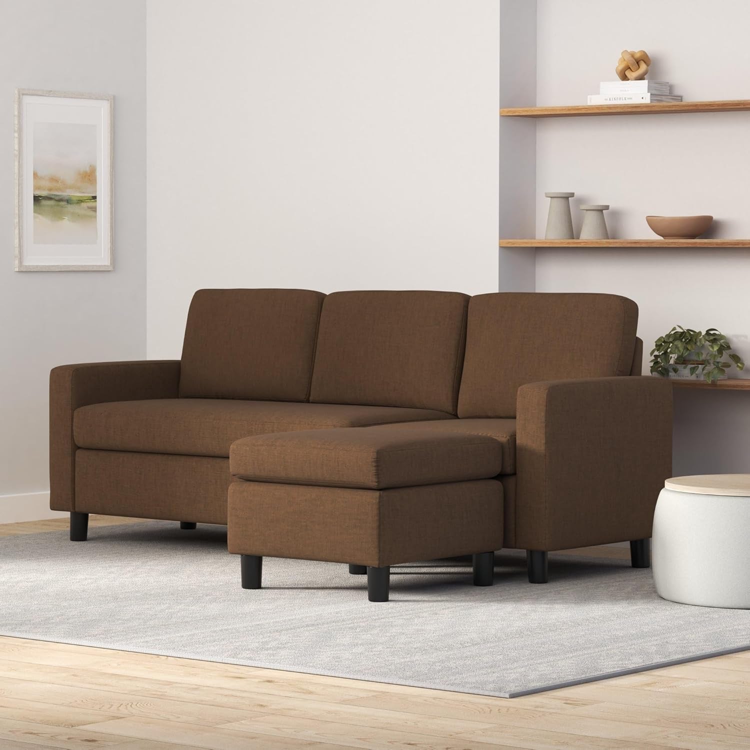 Brown 3-Seat L-Shape Sectional Sofa with Reversible Ottoman-1
