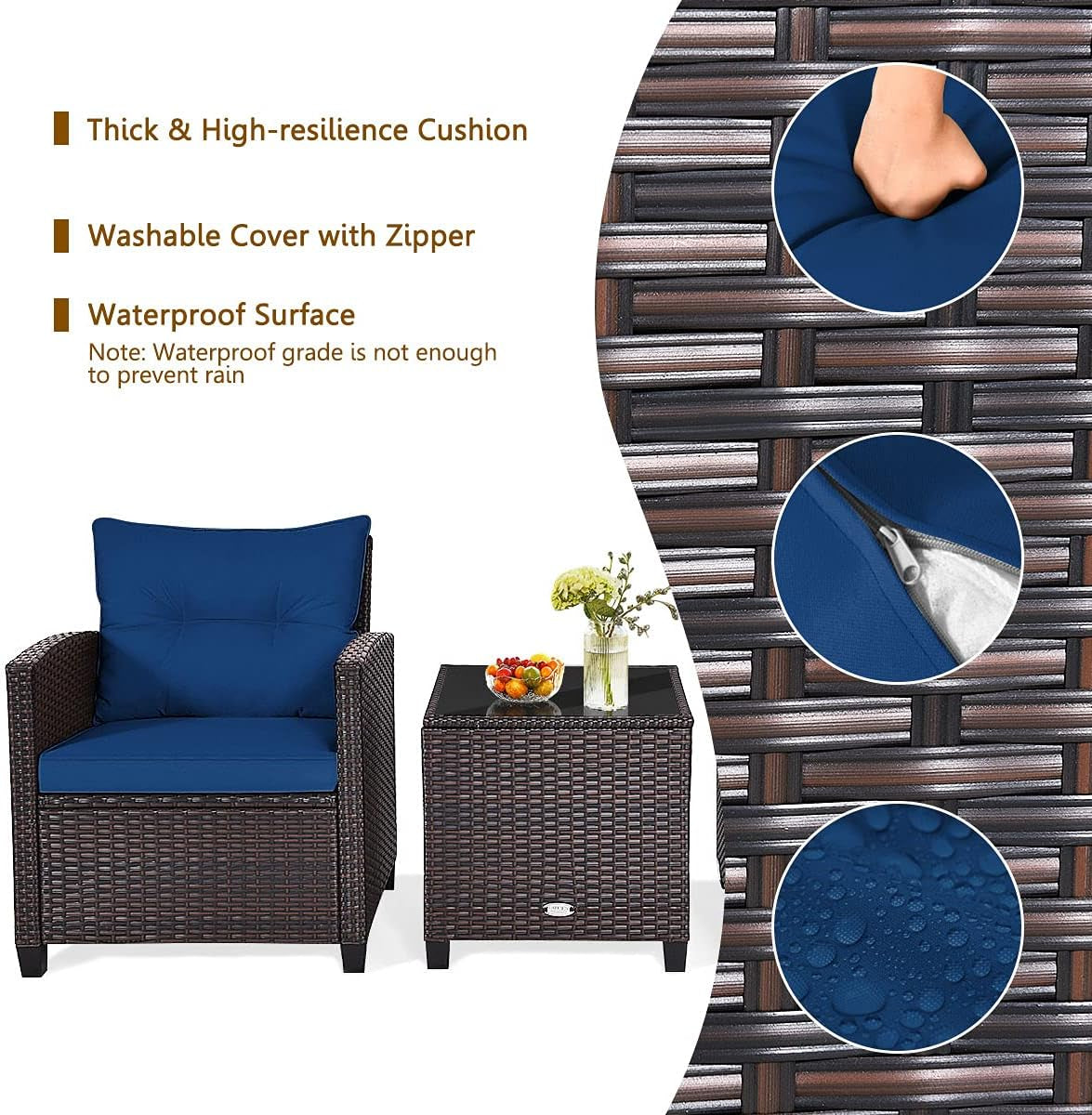 3 Piece Patio Furniture Set, Outdoor Conversation Set with Washable Cushions & Tempered Glass Tabletop, PE Rattan Wicker Bistro Set for Porch, Garden, Balcony (Navy Blue)-4