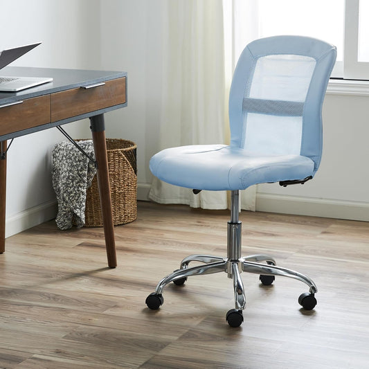Essential Armless Deskchair, Small Task Chair with Wheels, Breathable Mesh Back, quality Foam Cushion Seat for Comfort, Functional, Lightweight and Versatile, Sky Blue-1