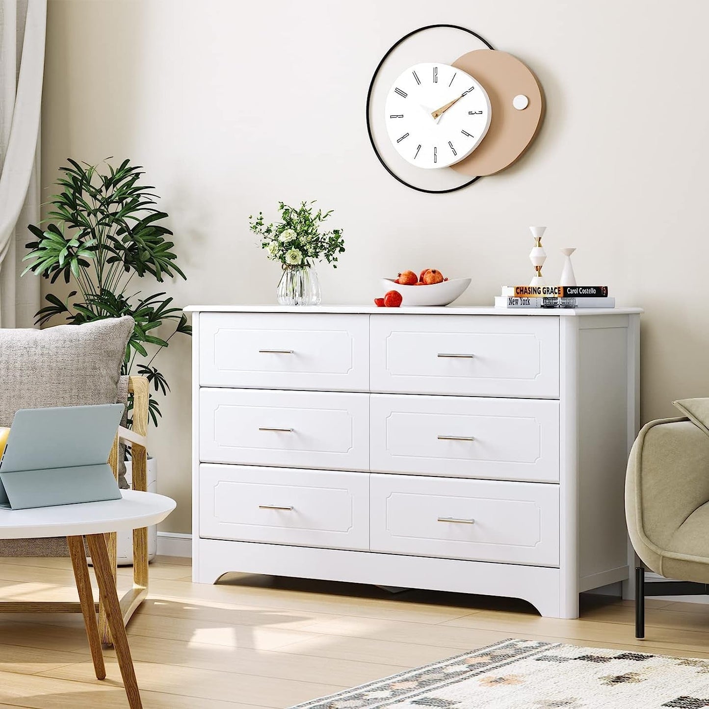 6 Drawer Dresser with Metal Handles, White-0