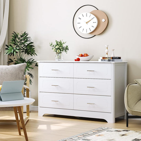 6 Drawer Dresser with Metal Handles, White-0