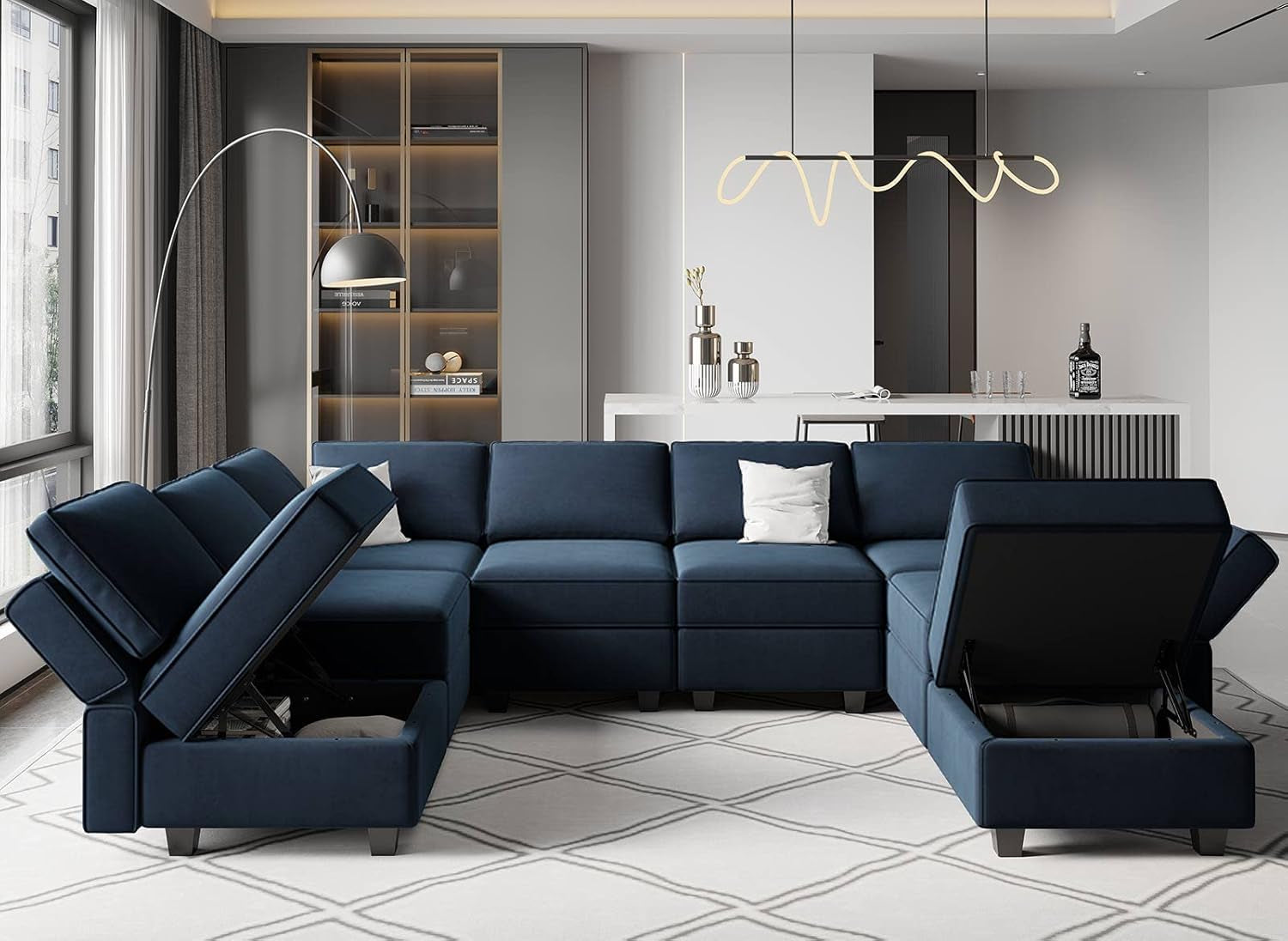 Modular Velvet Sectional Sofa with Storage Seat Oversized U Shaped Couch with Reversible Chaise Sofa Set with Ottoman Blue-3