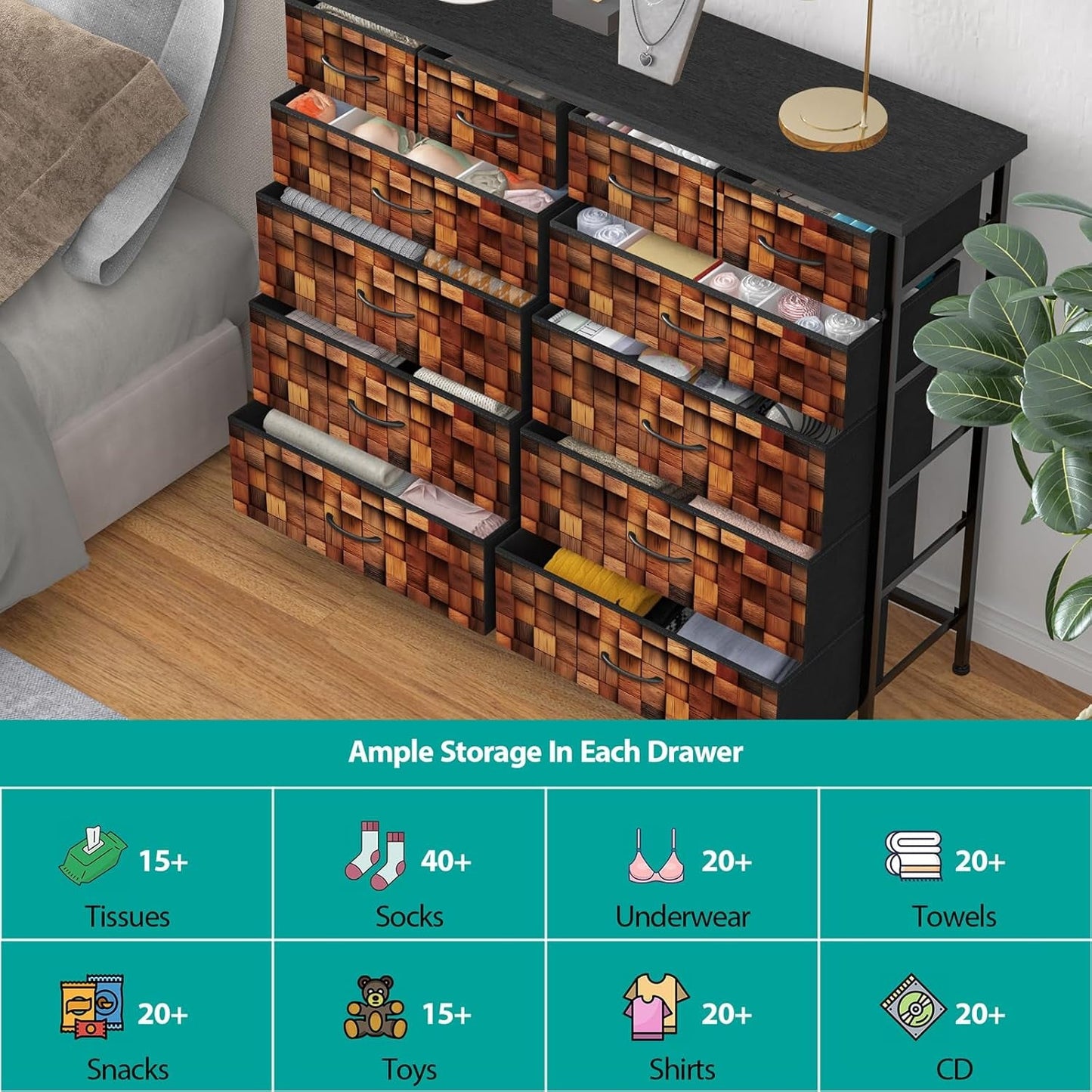 TV Stand Dresser for Bedroom, Tall Fabric Drawer Dresser, Chest of Drawers, Fabric Storage Organizer Cabinet for Closet, Nursery (Solid Brown)-4