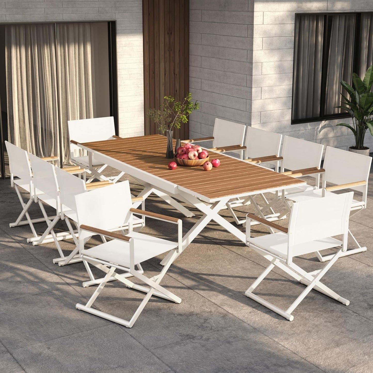 11-Piece Outdoor Dining Set, 10 Extra-Wide Folding Chairs & 1 Rectangle Expandable Table for 6-8 Person, Sling Mesh Patio Chairs with Wood Grain Table for Yard, Poolside, Deck, Apricot-0