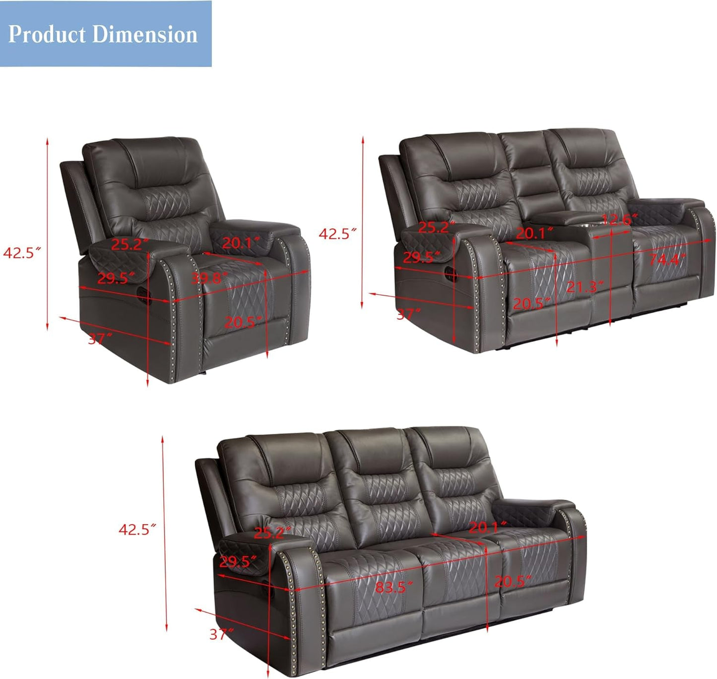 PU Leather Sofa Set, 3 Pieces Living Room Set with Cup Holders, Manual Recliner Sofa &Loveseat & Chair, Gray-2