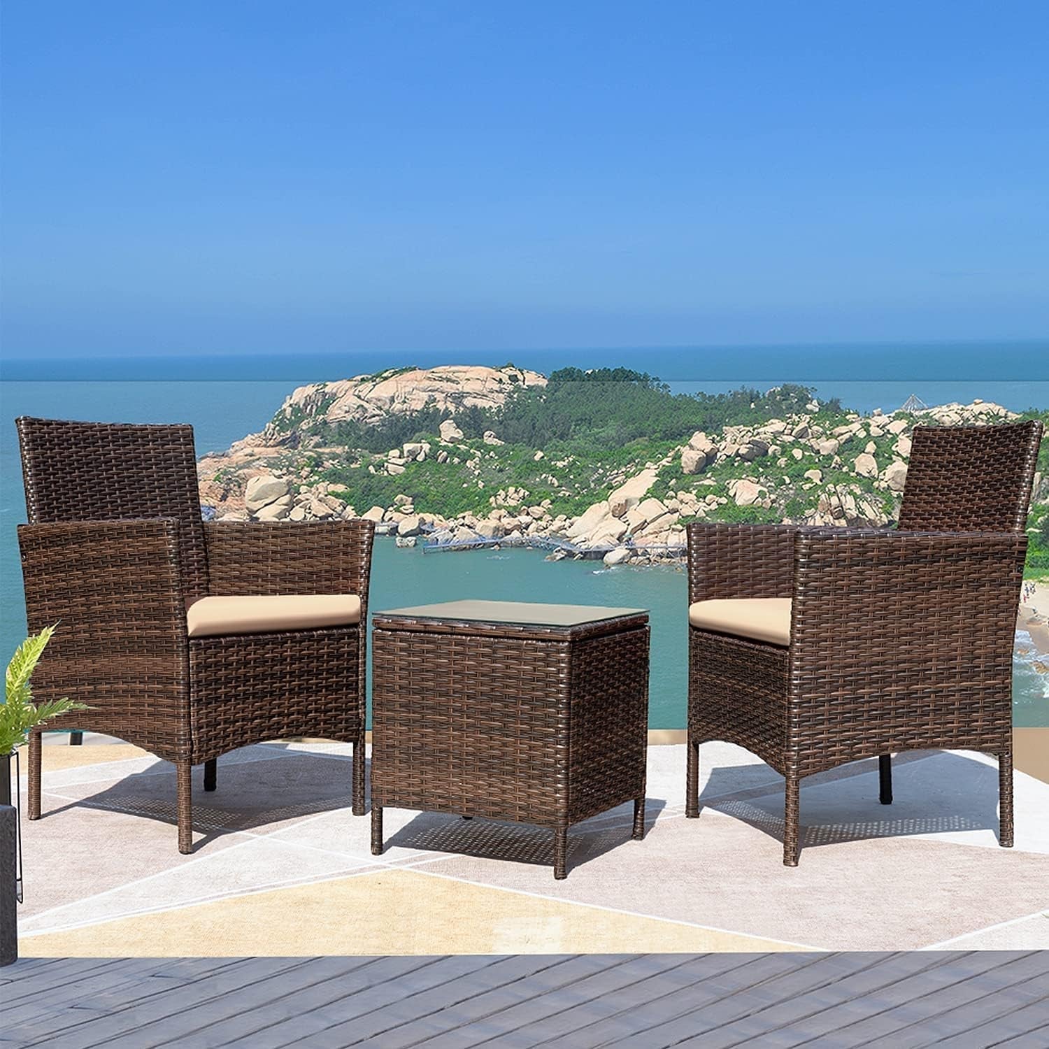 3 Pieces Patio Furniture Sets Outdoor PE Rattan Wicker Chairs with Soft Cushion and Glass Coffee Table for Garden Backyard Porch Poolside, Brown and Beige-0